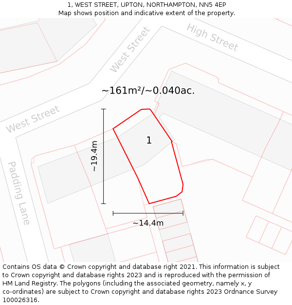 1, WEST STREET, UPTON, NORTHAMPTON, NN5 4EP: Plot and title map