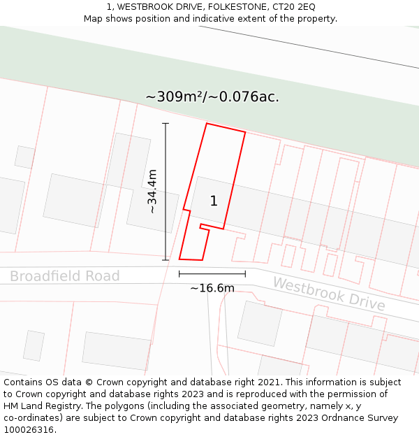 1, WESTBROOK DRIVE, FOLKESTONE, CT20 2EQ: Plot and title map