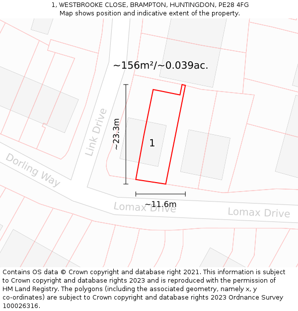 1, WESTBROOKE CLOSE, BRAMPTON, HUNTINGDON, PE28 4FG: Plot and title map