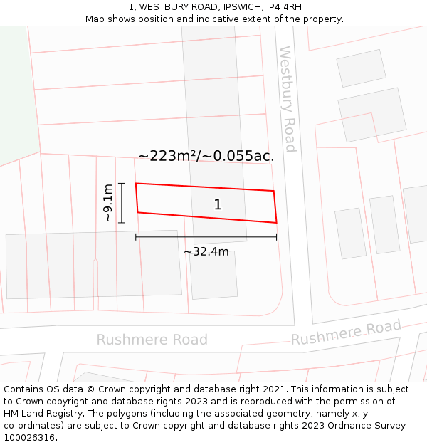 1, WESTBURY ROAD, IPSWICH, IP4 4RH: Plot and title map