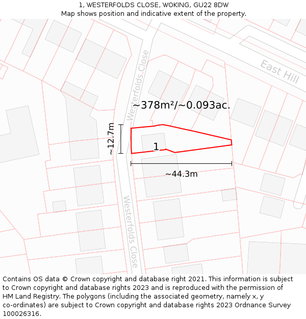 1, WESTERFOLDS CLOSE, WOKING, GU22 8DW: Plot and title map