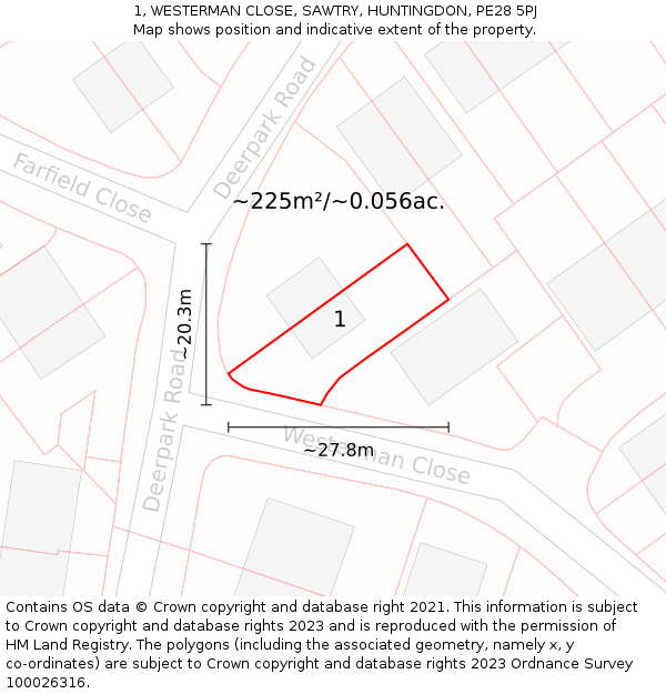 1, WESTERMAN CLOSE, SAWTRY, HUNTINGDON, PE28 5PJ: Plot and title map