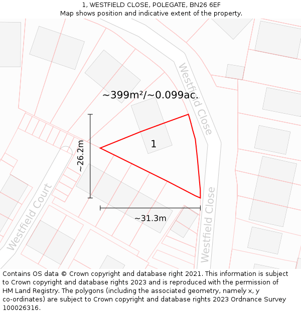 1, WESTFIELD CLOSE, POLEGATE, BN26 6EF: Plot and title map