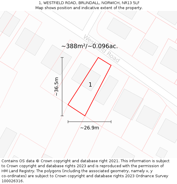 1, WESTFIELD ROAD, BRUNDALL, NORWICH, NR13 5LF: Plot and title map