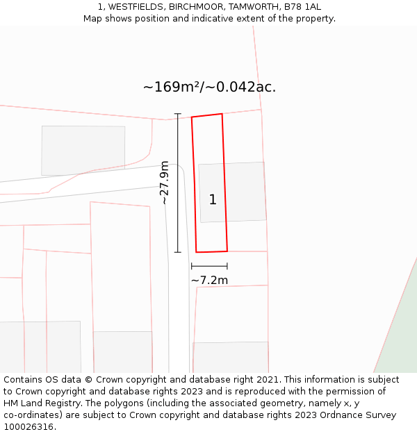 1, WESTFIELDS, BIRCHMOOR, TAMWORTH, B78 1AL: Plot and title map