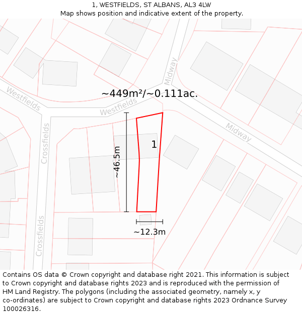 1, WESTFIELDS, ST ALBANS, AL3 4LW: Plot and title map