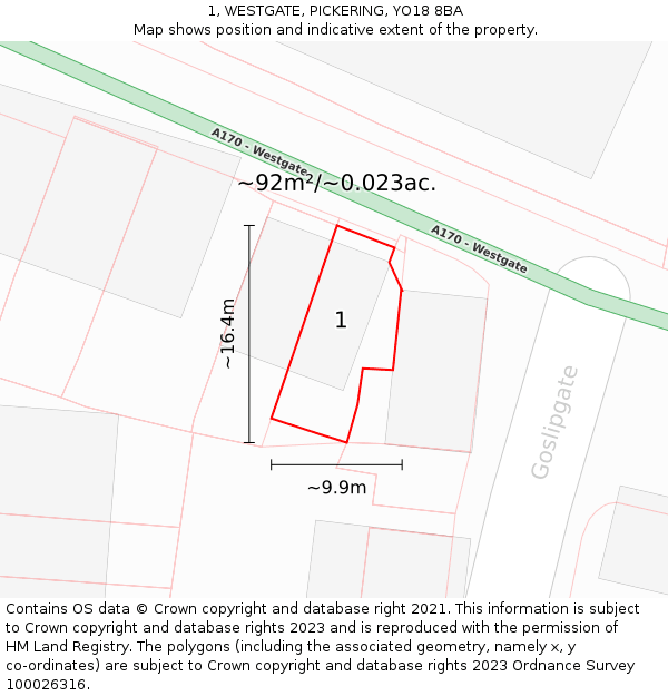 1, WESTGATE, PICKERING, YO18 8BA: Plot and title map