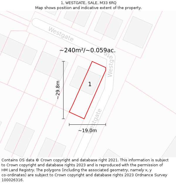 1, WESTGATE, SALE, M33 6RQ: Plot and title map
