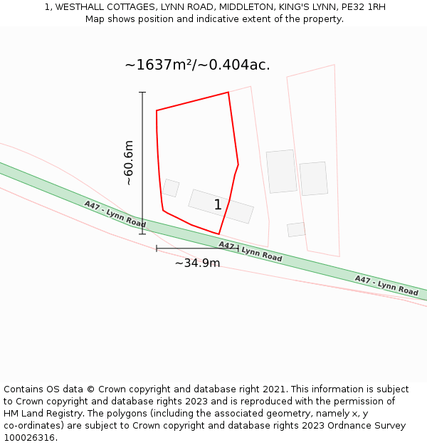 1, WESTHALL COTTAGES, LYNN ROAD, MIDDLETON, KING'S LYNN, PE32 1RH: Plot and title map