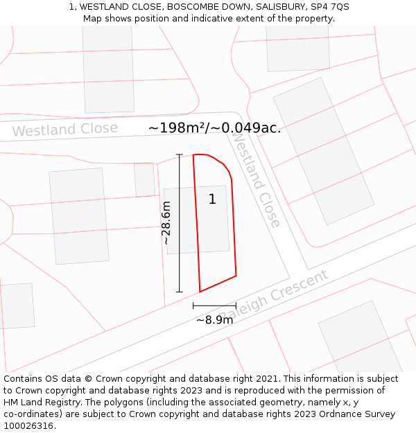 1, WESTLAND CLOSE, BOSCOMBE DOWN, SALISBURY, SP4 7QS: Plot and title map