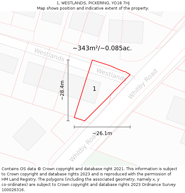1, WESTLANDS, PICKERING, YO18 7HJ: Plot and title map
