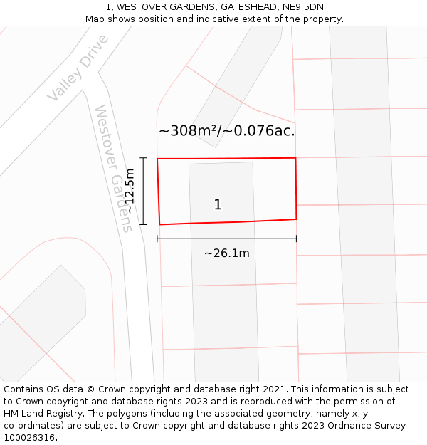 1, WESTOVER GARDENS, GATESHEAD, NE9 5DN: Plot and title map