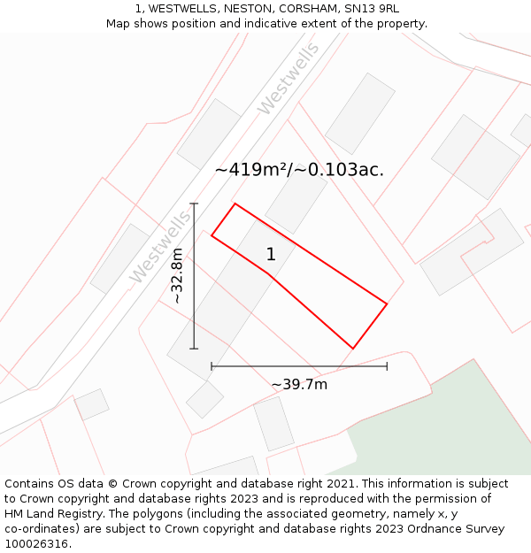 1, WESTWELLS, NESTON, CORSHAM, SN13 9RL: Plot and title map