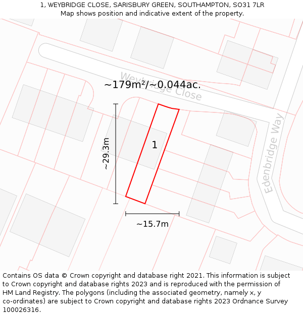 1, WEYBRIDGE CLOSE, SARISBURY GREEN, SOUTHAMPTON, SO31 7LR: Plot and title map