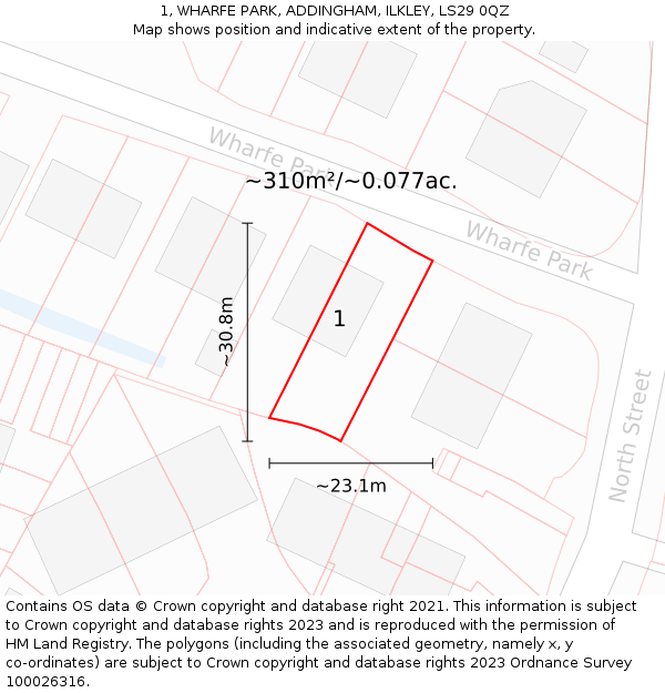 1, WHARFE PARK, ADDINGHAM, ILKLEY, LS29 0QZ: Plot and title map