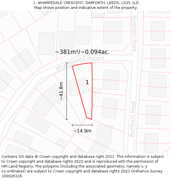 1, WHARFEDALE CRESCENT, GARFORTH, LEEDS, LS25 1LD: Plot and title map