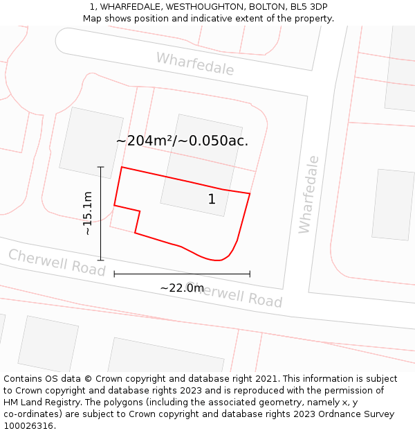 1, WHARFEDALE, WESTHOUGHTON, BOLTON, BL5 3DP: Plot and title map