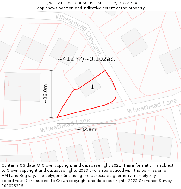1, WHEATHEAD CRESCENT, KEIGHLEY, BD22 6LX: Plot and title map