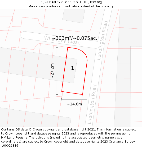 1, WHEATLEY CLOSE, SOLIHULL, B92 9QJ: Plot and title map