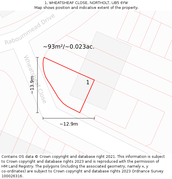 1, WHEATSHEAF CLOSE, NORTHOLT, UB5 6YW: Plot and title map