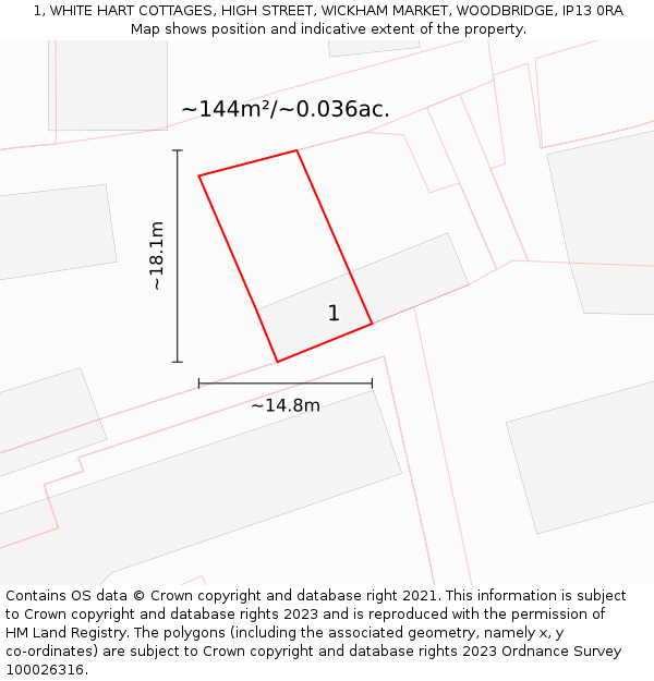 1, WHITE HART COTTAGES, HIGH STREET, WICKHAM MARKET, WOODBRIDGE, IP13 0RA: Plot and title map