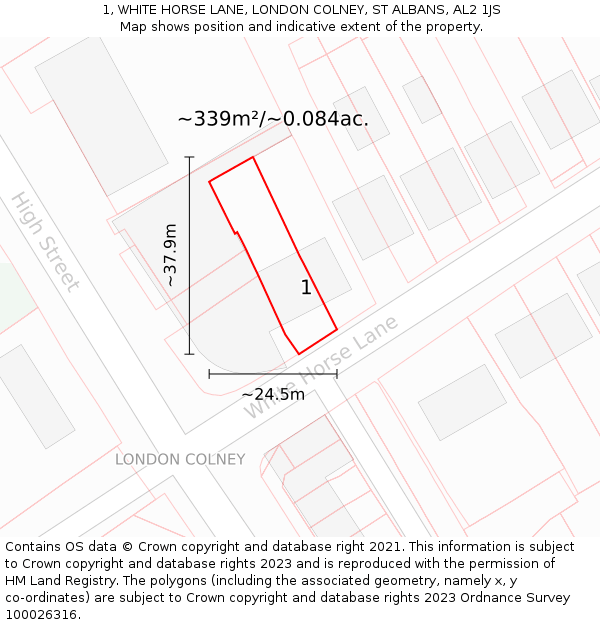 1, WHITE HORSE LANE, LONDON COLNEY, ST ALBANS, AL2 1JS: Plot and title map