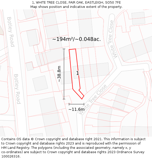 1, WHITE TREE CLOSE, FAIR OAK, EASTLEIGH, SO50 7FE: Plot and title map