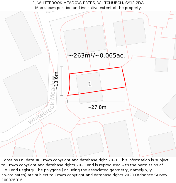 1, WHITEBROOK MEADOW, PREES, WHITCHURCH, SY13 2DA: Plot and title map