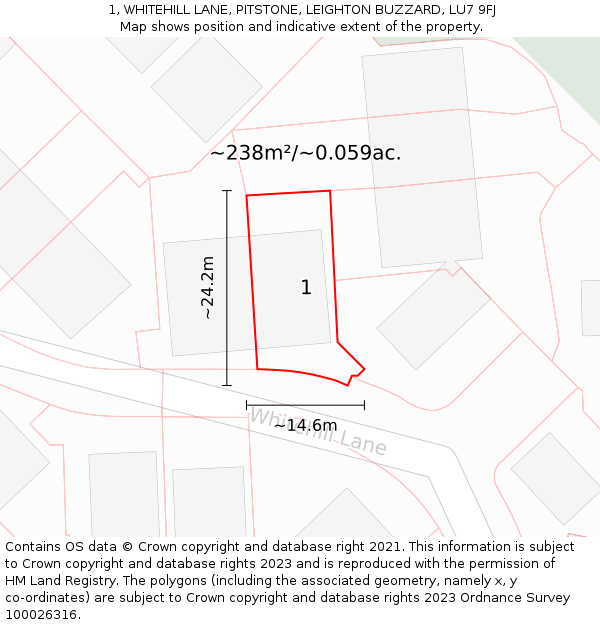 1, WHITEHILL LANE, PITSTONE, LEIGHTON BUZZARD, LU7 9FJ: Plot and title map