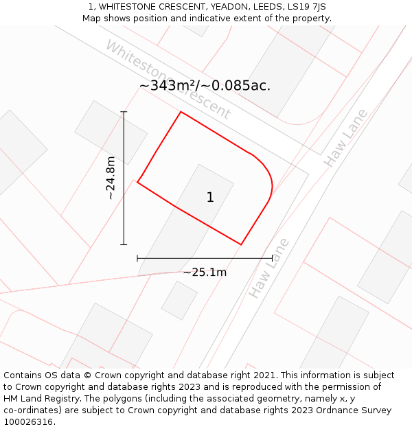 1, WHITESTONE CRESCENT, YEADON, LEEDS, LS19 7JS: Plot and title map