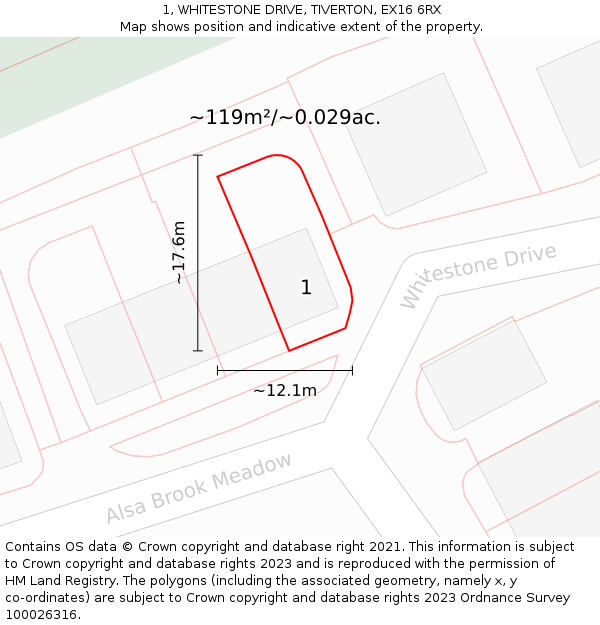 1, WHITESTONE DRIVE, TIVERTON, EX16 6RX: Plot and title map