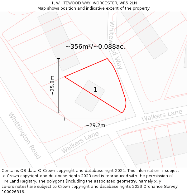 1, WHITEWOOD WAY, WORCESTER, WR5 2LN: Plot and title map