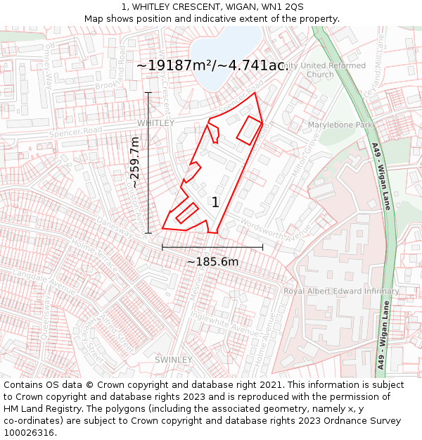 1, WHITLEY CRESCENT, WIGAN, WN1 2QS: Plot and title map