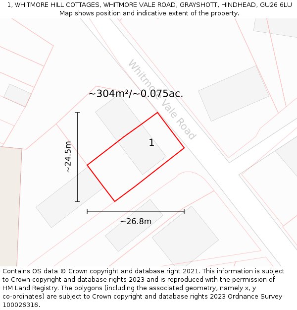 1, WHITMORE HILL COTTAGES, WHITMORE VALE ROAD, GRAYSHOTT, HINDHEAD, GU26 6LU: Plot and title map