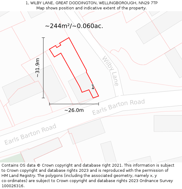 1, WILBY LANE, GREAT DODDINGTON, WELLINGBOROUGH, NN29 7TP: Plot and title map