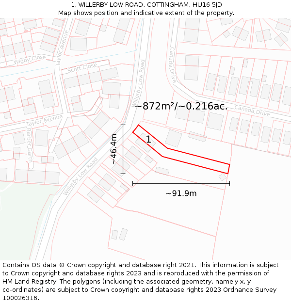 1, WILLERBY LOW ROAD, COTTINGHAM, HU16 5JD: Plot and title map