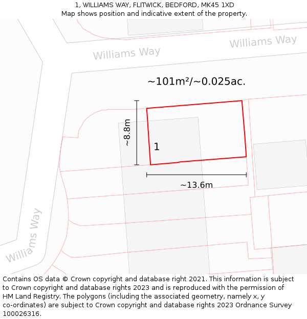 1, WILLIAMS WAY, FLITWICK, BEDFORD, MK45 1XD: Plot and title map