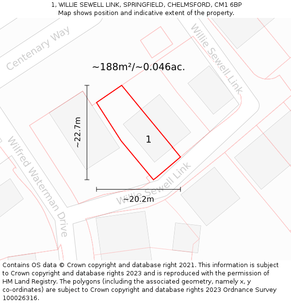 1, WILLIE SEWELL LINK, SPRINGFIELD, CHELMSFORD, CM1 6BP: Plot and title map
