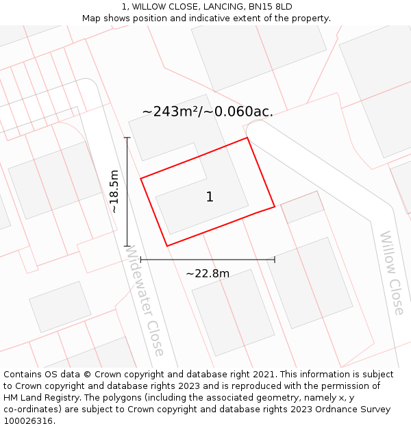 1, WILLOW CLOSE, LANCING, BN15 8LD: Plot and title map