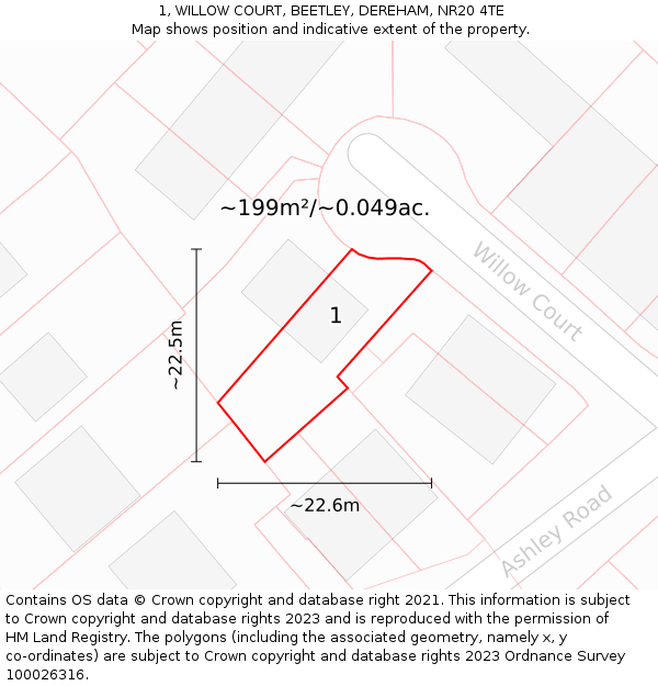 1, WILLOW COURT, BEETLEY, DEREHAM, NR20 4TE: Plot and title map