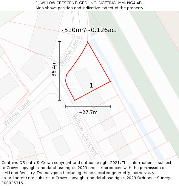 1, WILLOW CRESCENT, GEDLING, NOTTINGHAM, NG4 4BL: Plot and title map