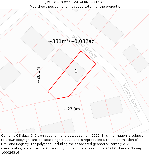 1, WILLOW GROVE, MALVERN, WR14 2SE: Plot and title map