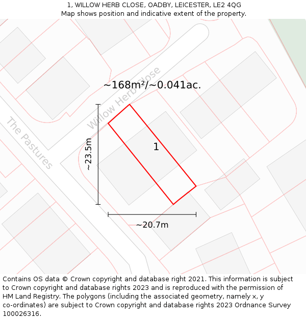 1, WILLOW HERB CLOSE, OADBY, LEICESTER, LE2 4QG: Plot and title map