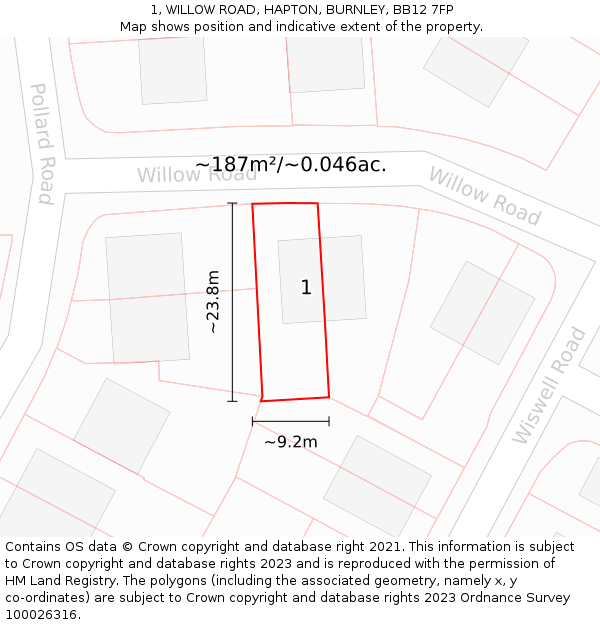 1, WILLOW ROAD, HAPTON, BURNLEY, BB12 7FP: Plot and title map