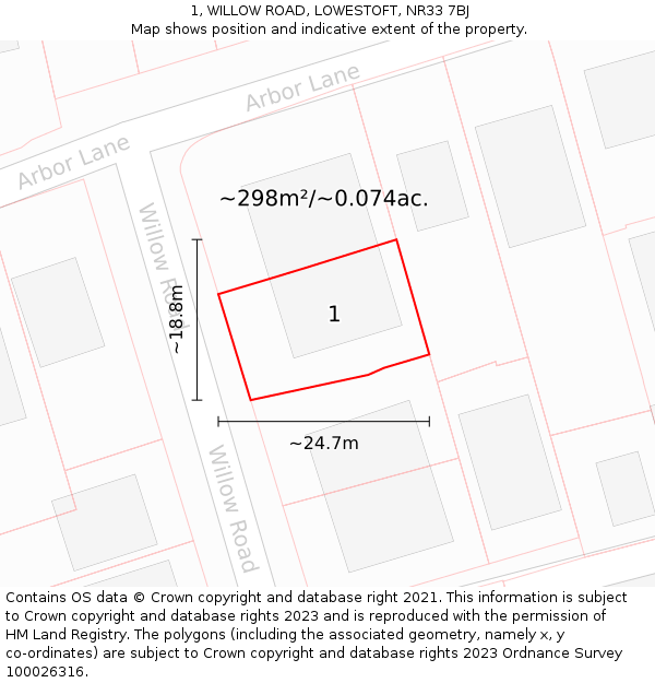 1, WILLOW ROAD, LOWESTOFT, NR33 7BJ: Plot and title map