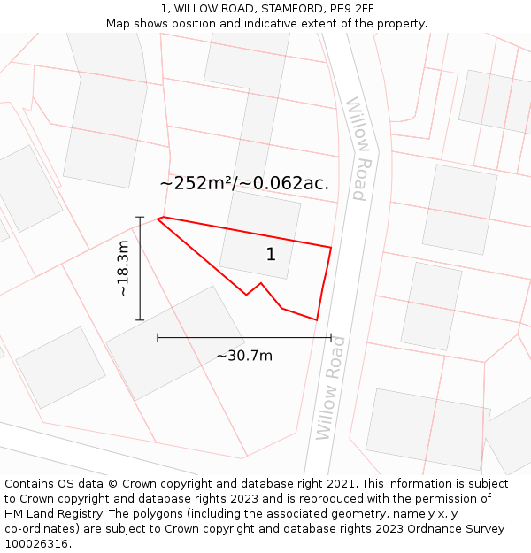 1, WILLOW ROAD, STAMFORD, PE9 2FF: Plot and title map