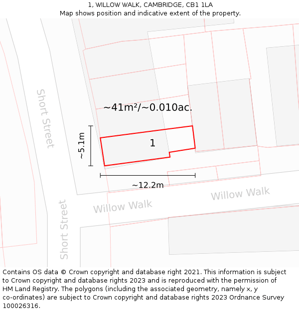 1, WILLOW WALK, CAMBRIDGE, CB1 1LA: Plot and title map