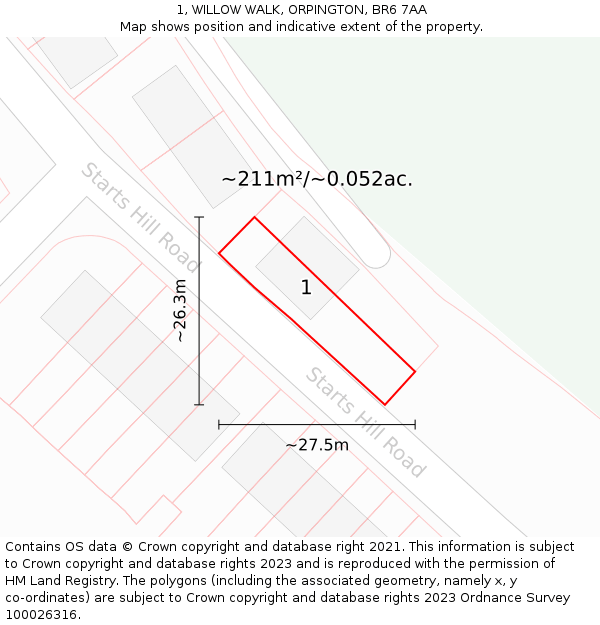 1, WILLOW WALK, ORPINGTON, BR6 7AA: Plot and title map