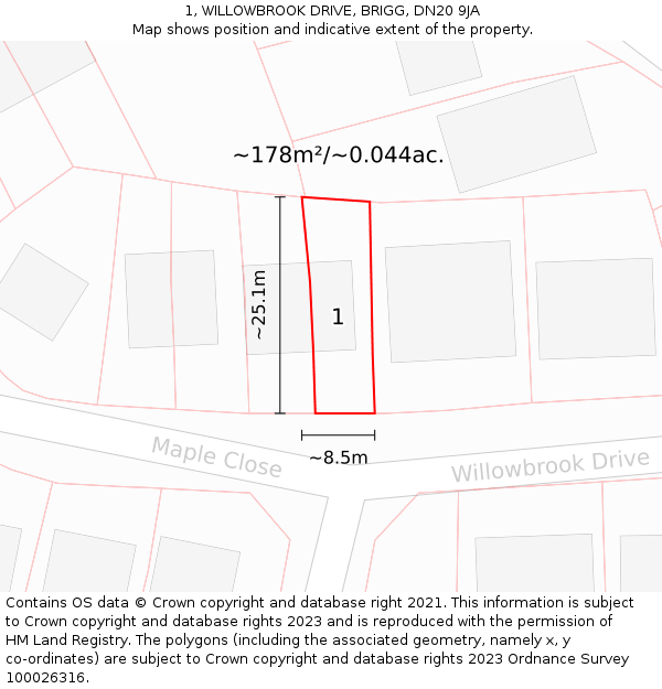 1, WILLOWBROOK DRIVE, BRIGG, DN20 9JA: Plot and title map
