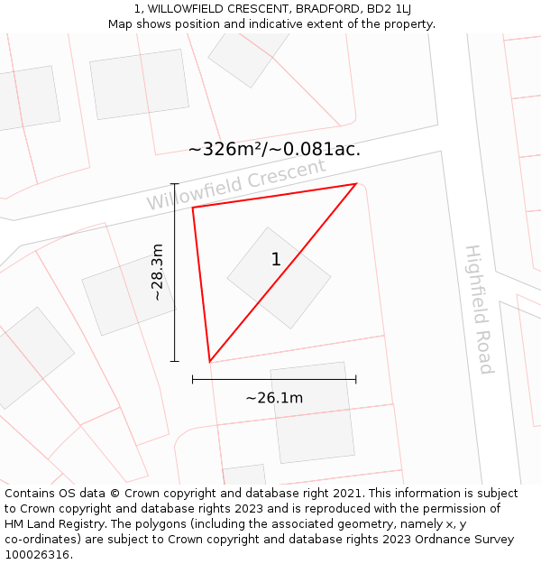 1, WILLOWFIELD CRESCENT, BRADFORD, BD2 1LJ: Plot and title map